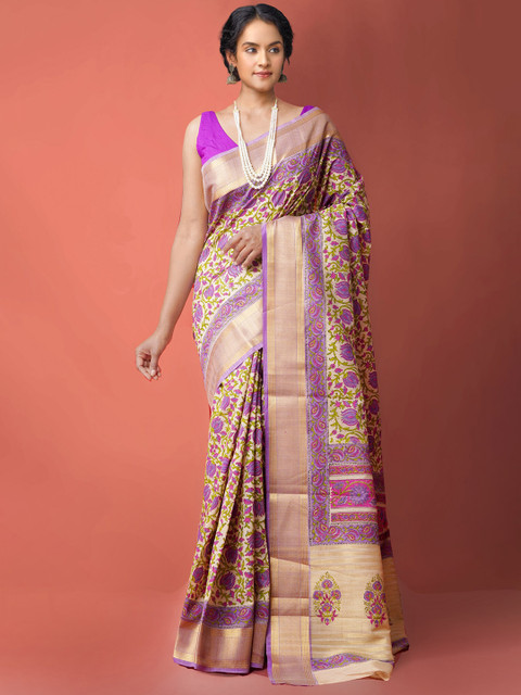 

Unnati Silks Brown & Violet Ethnic Motifs Zari Silk Cotton Maheshwari Saree