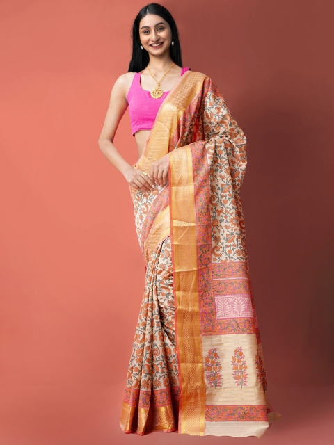

Unnati Silks Cream & Orange Hand Block Printed Jute Maheshwari Saree