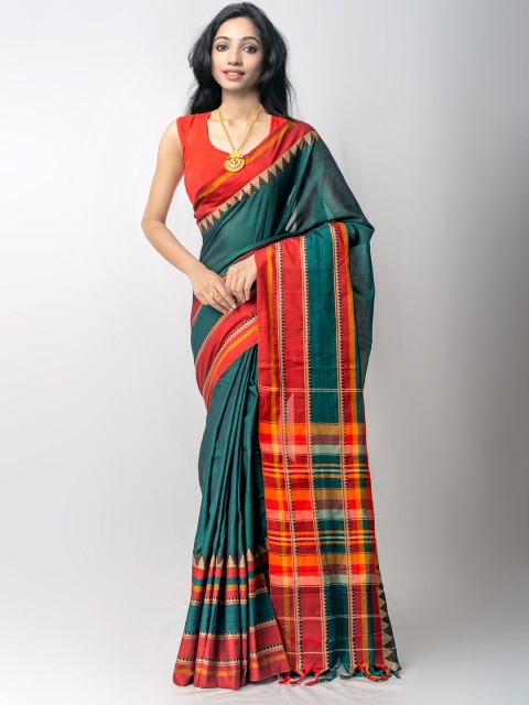

Unnati Silks Green & Red Woven Design Pure Handloom Kanjeevaram Cotton Saree