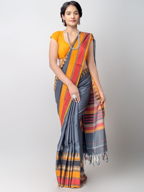 

Unnati Silks Grey & Yellow Woven Design Pure Cotton Kanjeevaram Saree