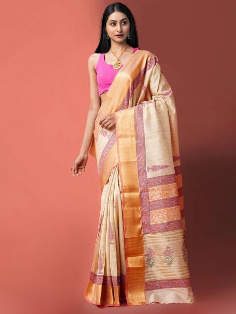 

Unnati Silks Brown & Pink Ethnic Motifs Zari Silk Cotton Maheshwari Saree