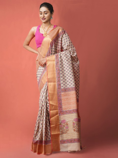 

Unnati Silks Brown & Pink Ethnic Motifs Printed Silk Cotton Maheshwari Saree