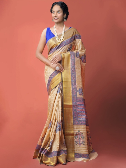 

Unnati Silks Brown & Blue Ethnic Motifs Zari Maheshwari Silk Jute Sico Saree