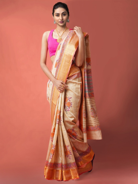 

Unnati Silks Women Brown & Pink Ethnic Motifs Zari Silk Cotton Maheshwari Saree