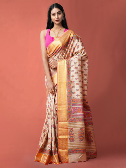 

Unnati Silks Brown & Pink Ethnic Motifs Zari Silk Cotton Maheshwari Saree