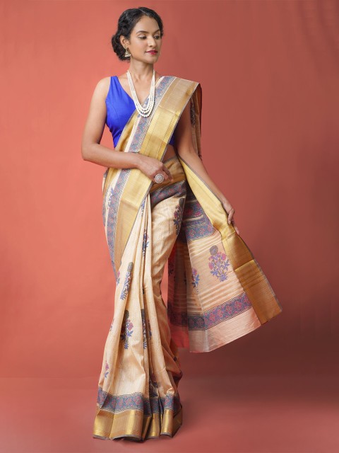 

Unnati Silks Brown & Blue Ethnic Motifs Printed Silk Cotton Maheshwari Saree