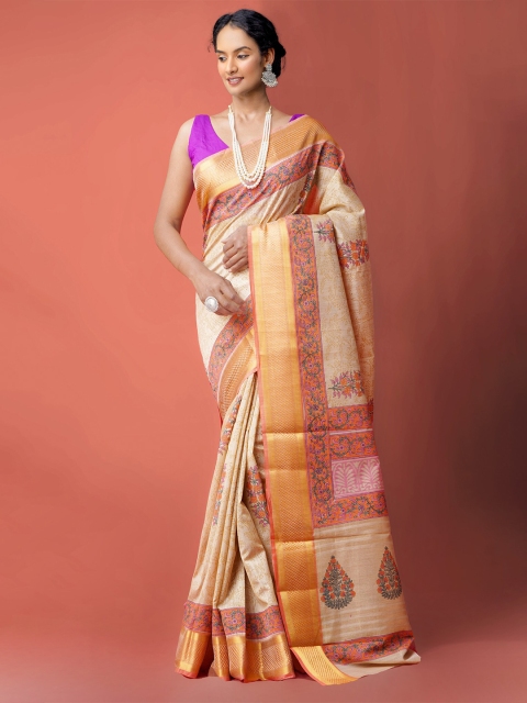 

Unnati Silks Brown & Orange Hand Block Printed Maheshwari Silk Cotton Saree