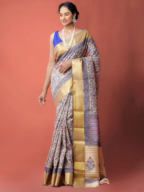 

Unnati Silks Brown & Blue Hand Block Printed Maheshwari Silk Cotton Saree