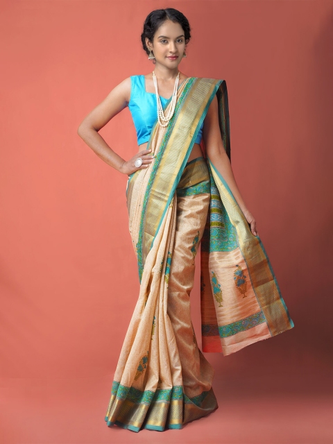 

Unnati Silks Brown & Green Ethnic Motifs Zari Maheshwari Silk Jute Sico Saree