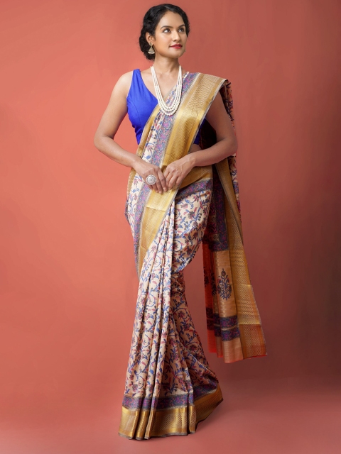 

Unnati Silks Brown & Blue Ethnic Motifs Hand Block Printed Silk Cotton Maheshwari Saree