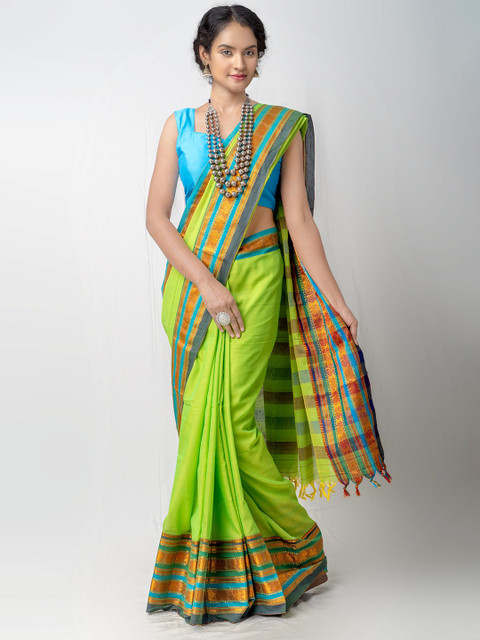 

Unnati Silks Green & Blue Zari Pure Handloom Sustainable Pavani Narayanpet Cotton Saree