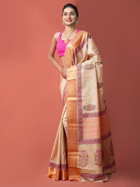 

Unnati Silks Brown & Pink Ethnic Motifs Hand Block Printed Silk Cotton Maheshwari Saree
