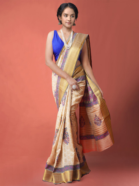 

Unnati Silks Women Brown & Blue Ethnic Motifs Zari Silk Cotton Maheshwari Saree