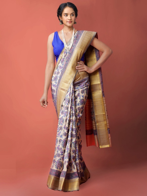 

Unnati Silks Brown & Blue Ethnic Motifs Zari Silk Cotton Maheshwari Saree
