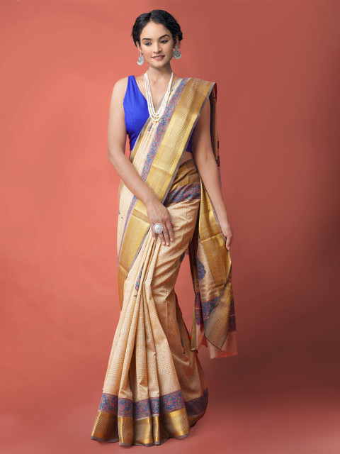 

Unnati Silks Brown & Purple Ethnic Motifs Zari Maheshwari Silk Jute Sico Saree