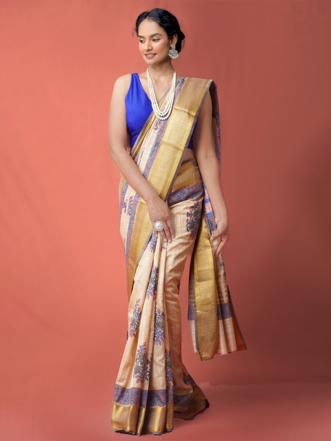 

Unnati Silks Brown & Blue Ethnic Motifs Hand Block Printed Silk Cotton Maheshwari Saree