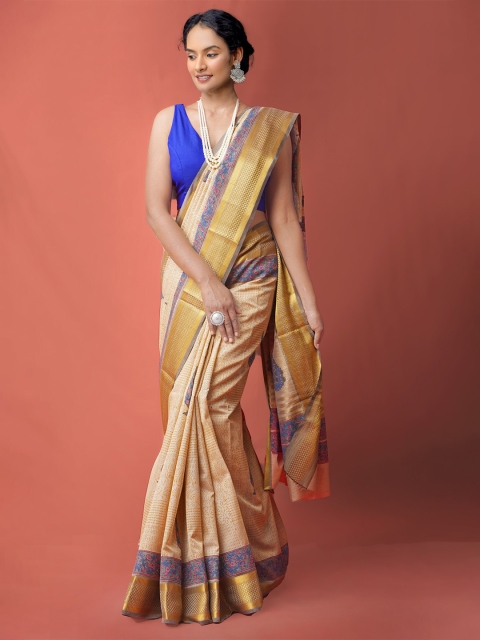 

Unnati Silks Brown & Pink Ethnic Motifs Zari Silk Cotton Maheshwari Saree