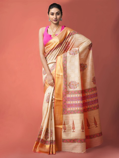 

Unnati Silks Cream & Pink Hand Block Printed Ethnic Motifs Zari Maheshwari Saree