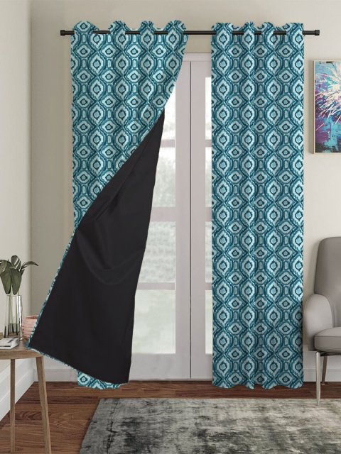 

HOUZZCODE Set Of 2 Teal Blue Diamond Eye Printed Black Out Door Curtain