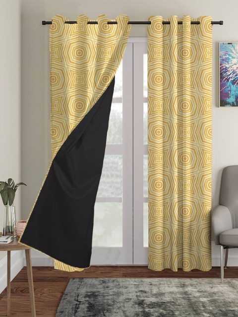 

HOUZZCODE Set Of 2 Mustard Geometric Black Out Door Curtain