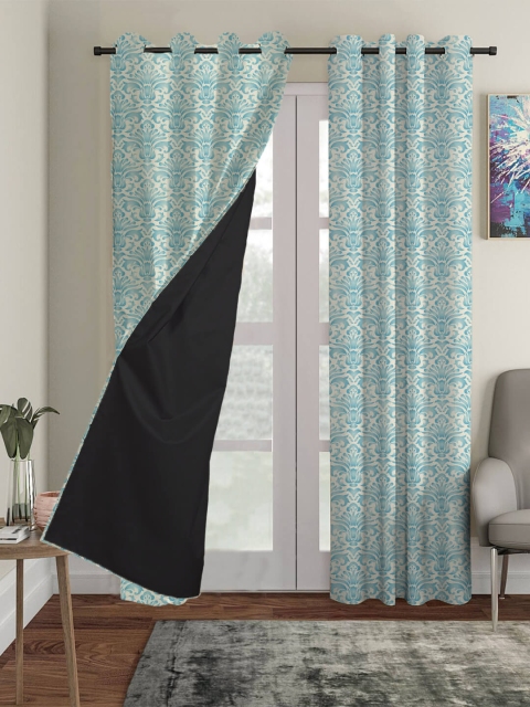 

HOUZZCODE Set Of 2 Green & Beige Ethnic Motifs Black Out Door Curtain