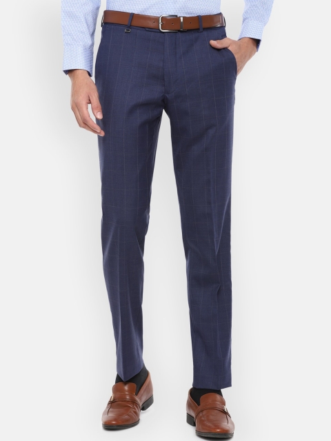 

Van Heusen Men Navy Blue Checked Slim Fit Trousers