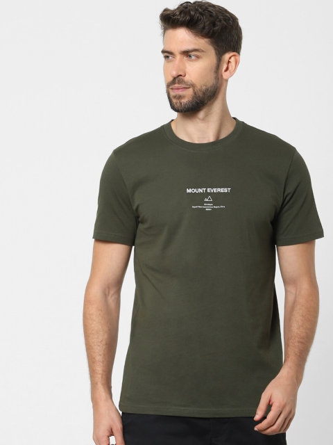 

SELECTED Men Olive Green & White Typography Printed Cotton T-shirt