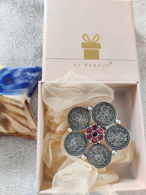 

EL REGALO Silver-Toned Red Stone-Studded Antique Adjustable Finger Ring