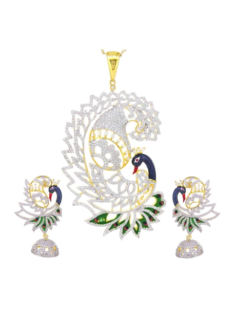 

Tistabene White & Blue Stone Studded Peacock Two Tone Traditional Pendant With Earrings