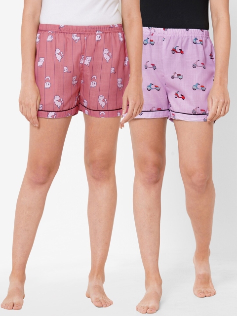 

FashionRack Women Pack Of 2 Pink & Purple Printed Lounge Shorts