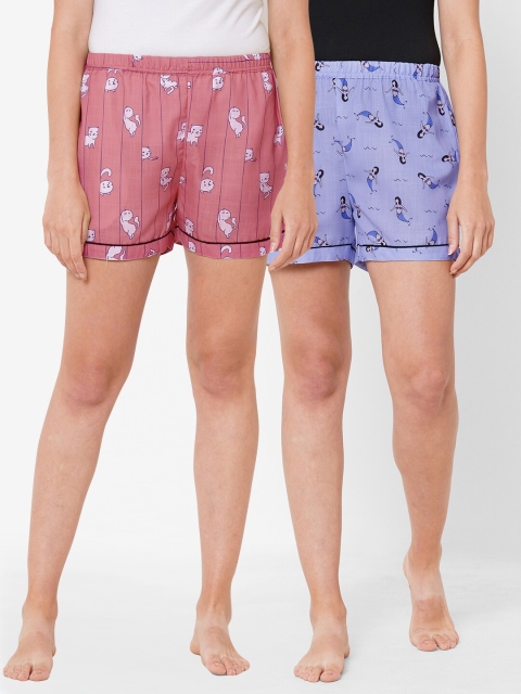 

FashionRack Women Pack Of 2 Pink & Blue Printed Cotton Lounge Shorts