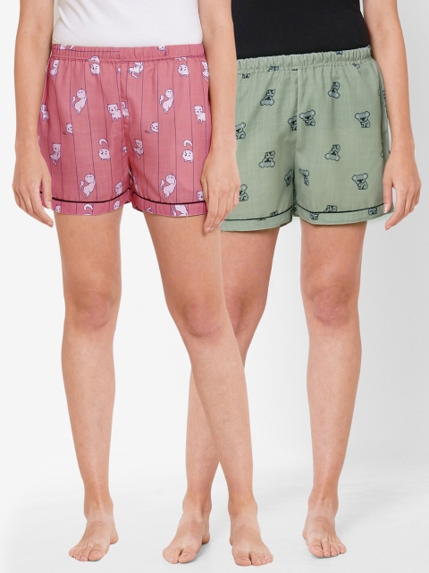 

FashionRack Women Pack-2 Pink & Olive Green Printed Lounge Shorts