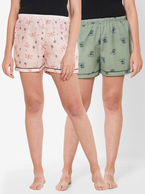 

FashionRack Women Pack Of 2 Peach-Coloured & Olive Green Printed Cotton Lounge Shorts