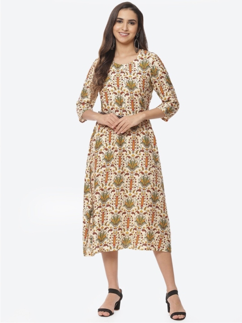 

Rangriti Cream-Coloured Floral Ethnic Midi Dress