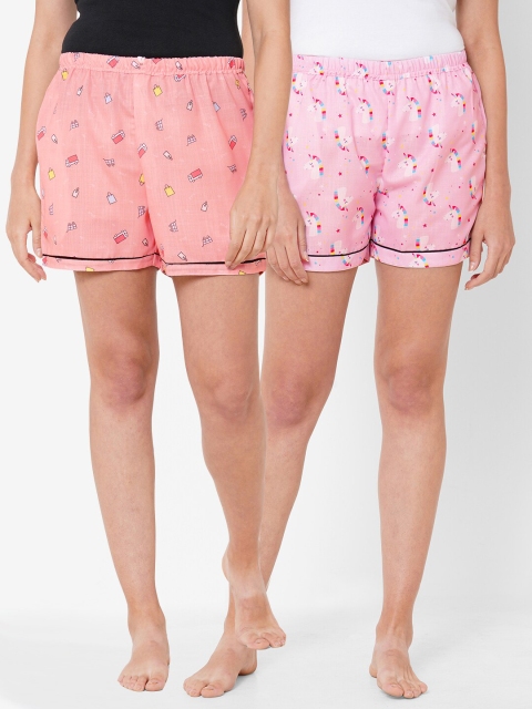 

FashionRack Women Pack of 2 Pink & Peach-Coloured Printed Lounge Shorts