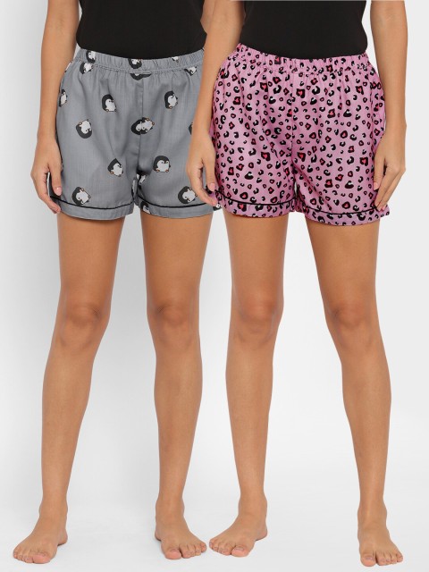 

FashionRack Women Pack of 2 Grey & Pink Printed Lounge Shorts