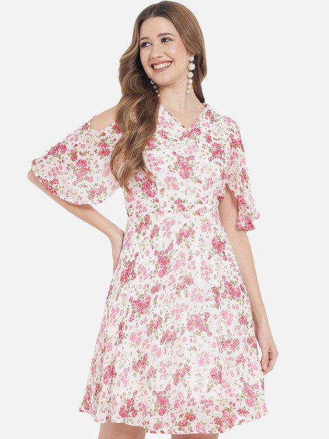 

Just Wow Off White & Pink Floral Georgette A-Line Dress