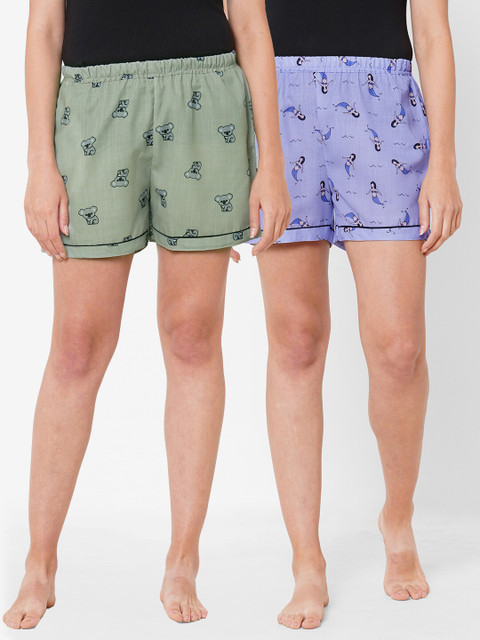 

FashionRack Women Pack Of 2 Olive Green & Blue Printed Cotton Lounge Shorts