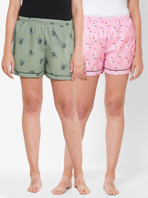

FashionRack Women Pack of 2 Olive Green & Pink Printed Cotton Lounge Shorts