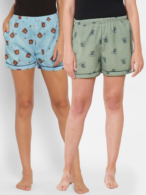 

FashionRack Set Of 2 Women Olive Green & Blue Printed Lounge Shorts