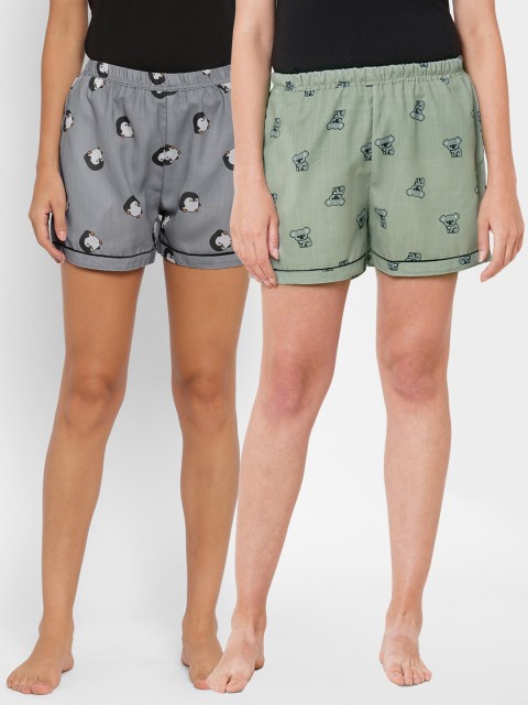 

FashionRack Women Pack of 2 Grey & Olive Printed Cotton Lounge Shorts
