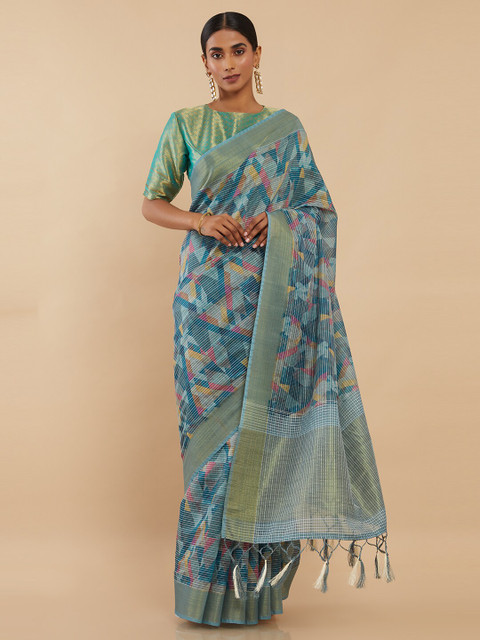 

Soch Blue Kantha Work Silk Blend Chanderi Saree