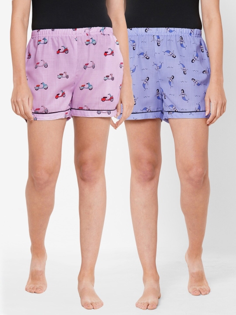 

FashionRack Women Pack of 2 Purple & Lavender Printed Cotton Lounge Shorts