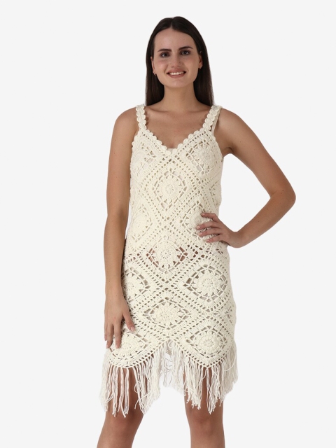 

Diwaah Off White Woolen A-Line Fringed Dress