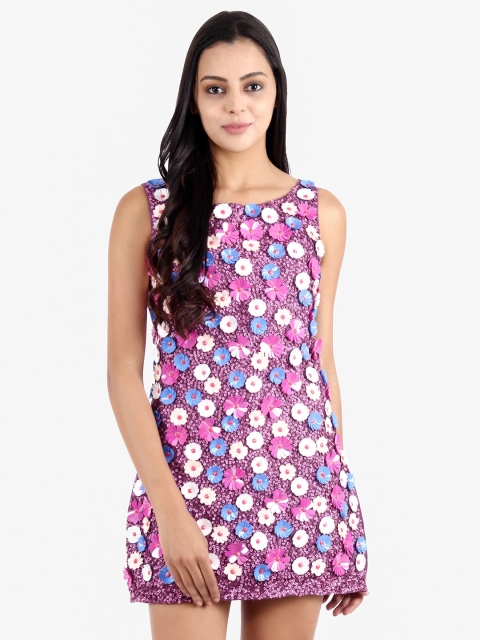 

Diwaah Purple & White Floral Pure Cotton A-Line Mini Dress