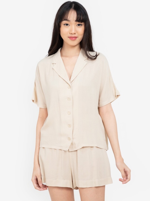 

ZALORA BASICS Women Beige Extended Sleeves Lounge Shirt