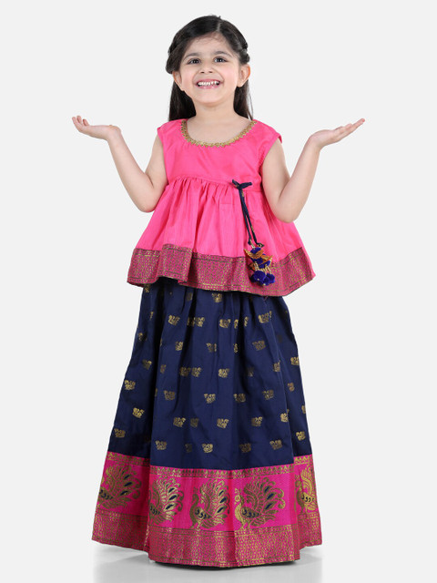 

BownBee Girls Pink & Navy Blue Woven Design Ready to Wear Lehenga Choli