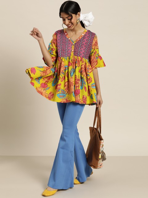 

Sangria Women Yellow & Pink Ethnic Print Pure Cotton A-Line Top
