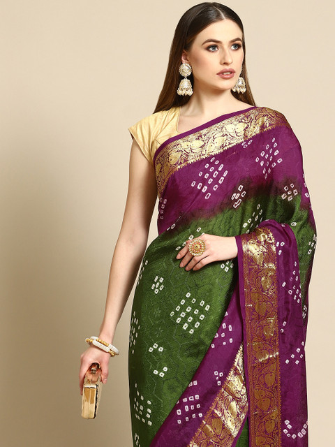 

Anouk Green & Purple Bandhani Zari Art Silk Bandhani Saree