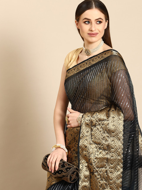 

Anouk Navy Blue Embellished Organza Saree